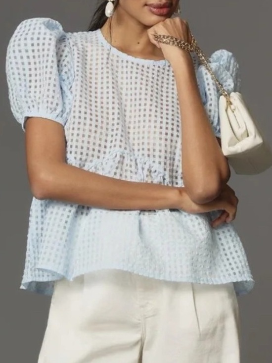 Anthropologie Tops - Anthropologie Maeve light blue sheer puff sleeve baby doll top